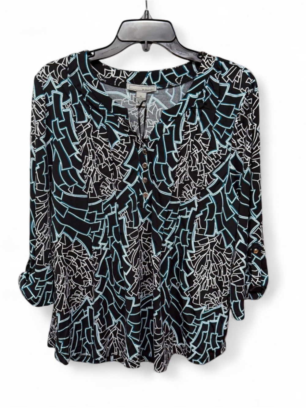 By Design Geometric V-Neck Roll-Tab Sleeve Blouse Black Blue White Size XL